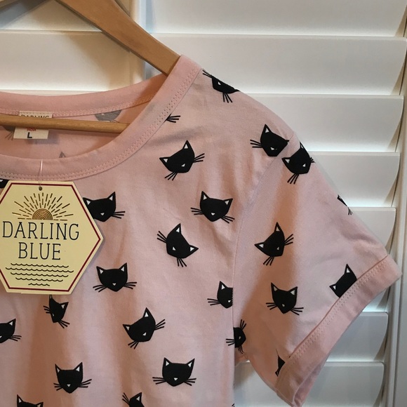Darling Blue Tops - Darling Blue Cropped Cat Tee